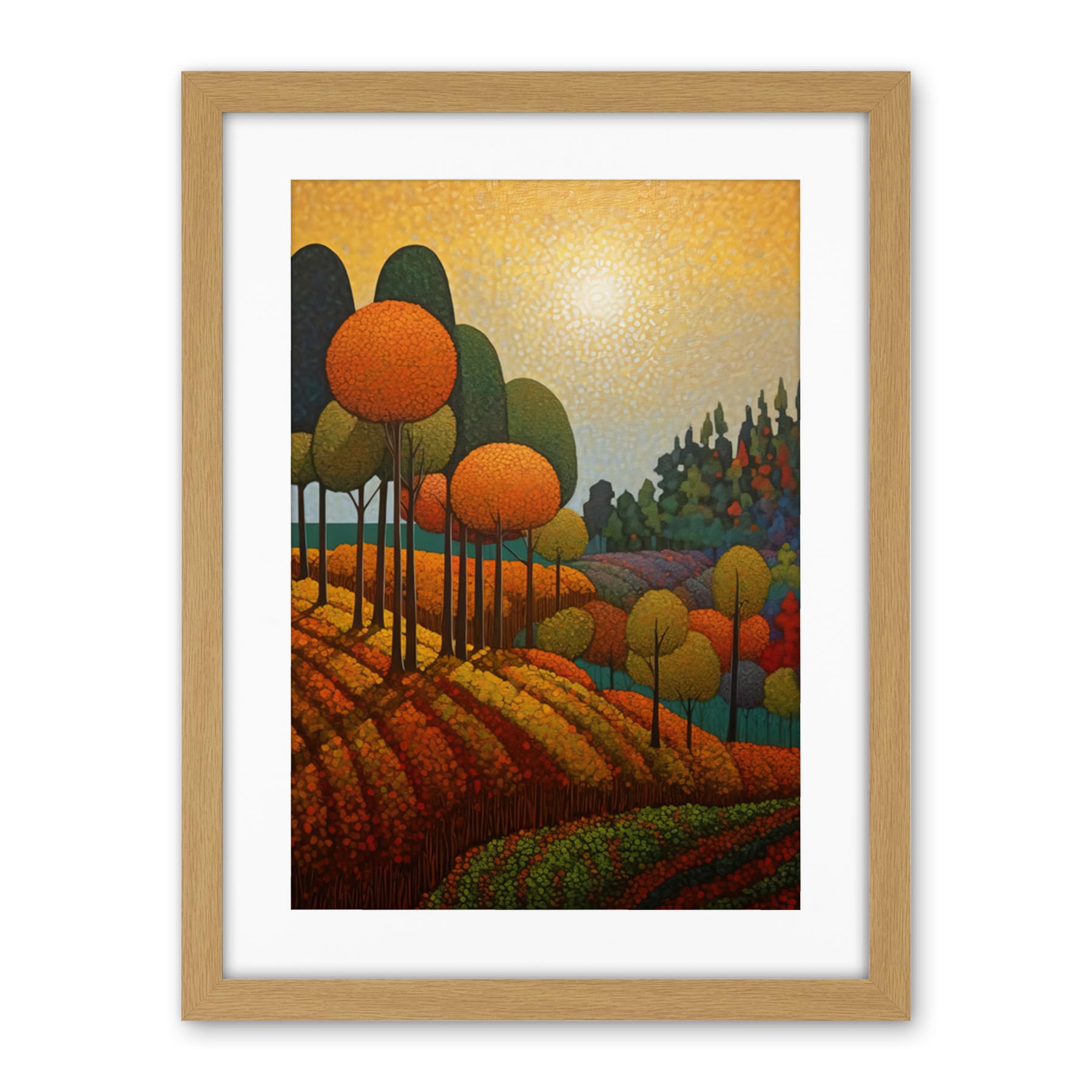 Artery8 Autumn Fields Pointillism Painting Amber Orange Green Countryside Landscape Artwork Framed Wall Art Print 18X24 Inch