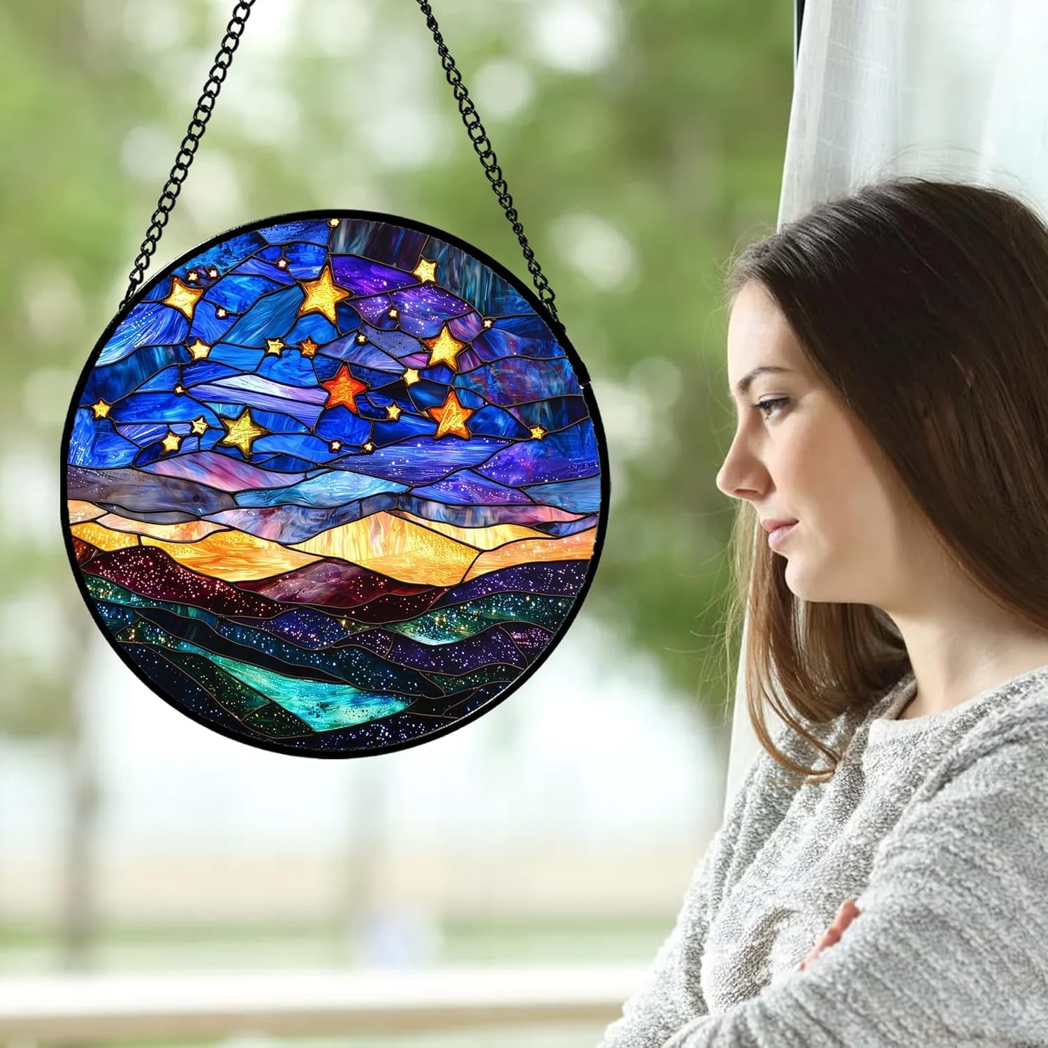 Atrapasueños colgante para ventana de vidrieras, 7.9 x 7.9 pulgadas, redondo, decoración artística de vidrio para el día de la madre, regalos de cumpleaños para mujeres, atrapasueños decorativo para