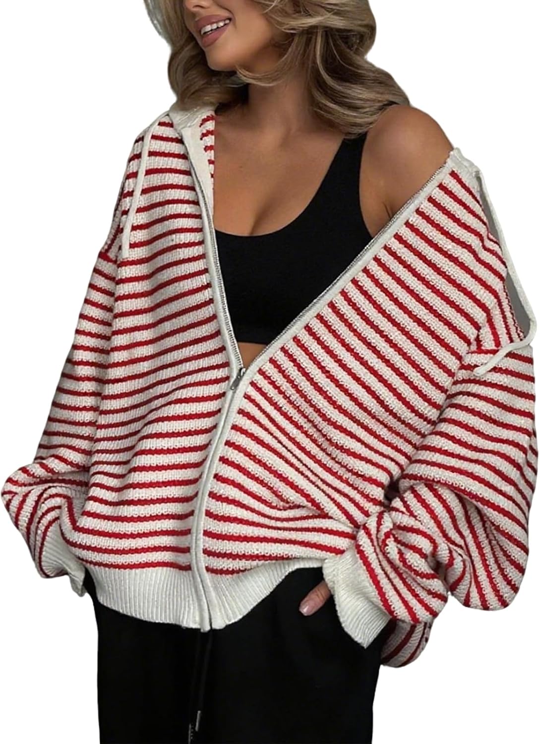 utcoco Womens Oversized Knit Hoodies 2025 Fall Outfits Fashion Zip Up Sweatshirt Contrast Striped Sweaters