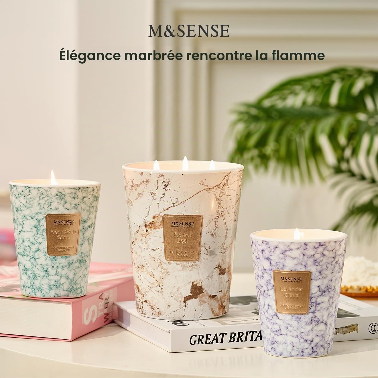 M&SENSE Bougie parfumée 990g|Lavande Agrumes|150h de combustion & 3 mèches|Bougie Decorative naturelles en cire de soja|Aromathérapie relaxante|Cadeau pour femme & homme,Modern Marble Jar
