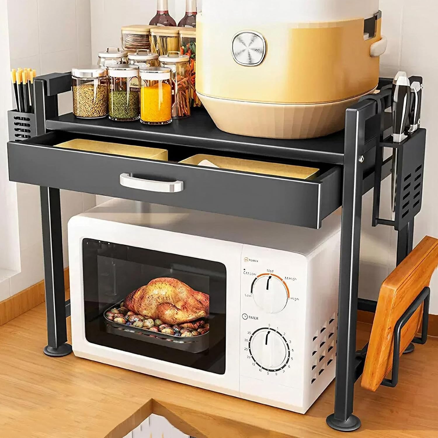 Generic Microwave Oven Rack with Drawer, 2 Tier Storage