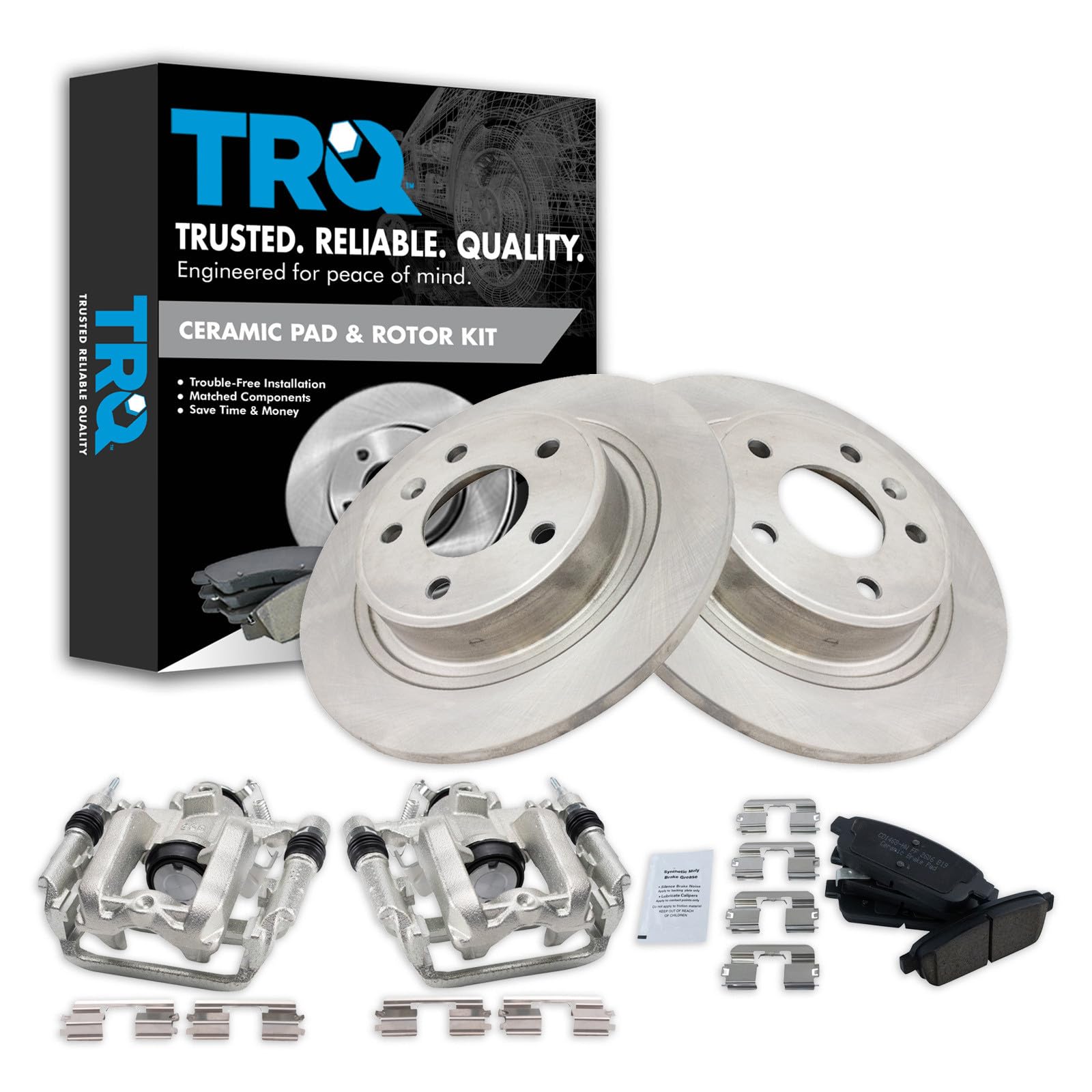 TRQ Rear Brake Pad and Rotor Set Ceramic Solid Rotors Calipers Hardware
