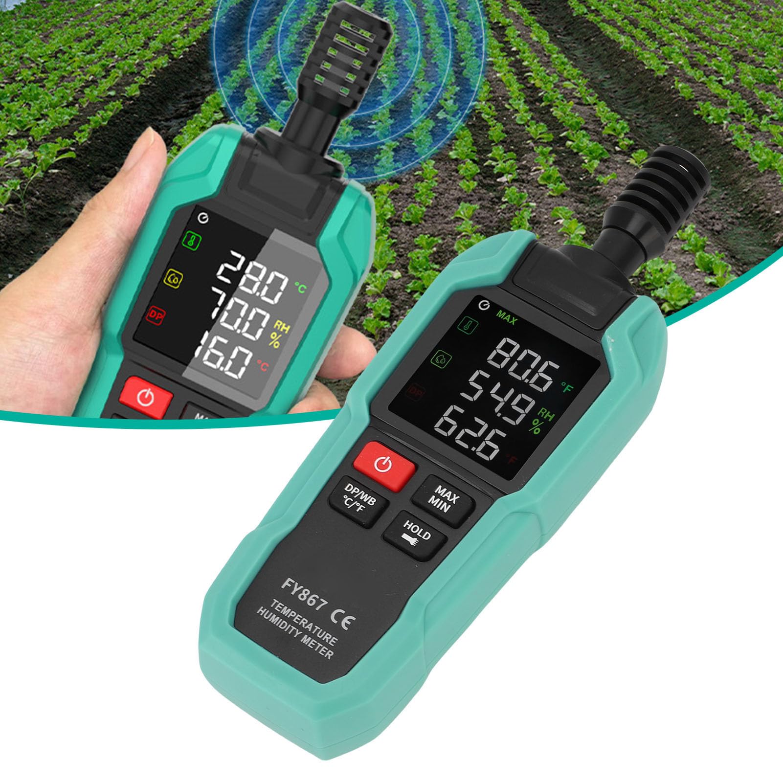 Jiawu Medidor Digital Portátil de Temperatura y Humedad, para Invernaderos de Hortalizas, Sótanos Exteriores, con Sonda de Alta Sensibilidad