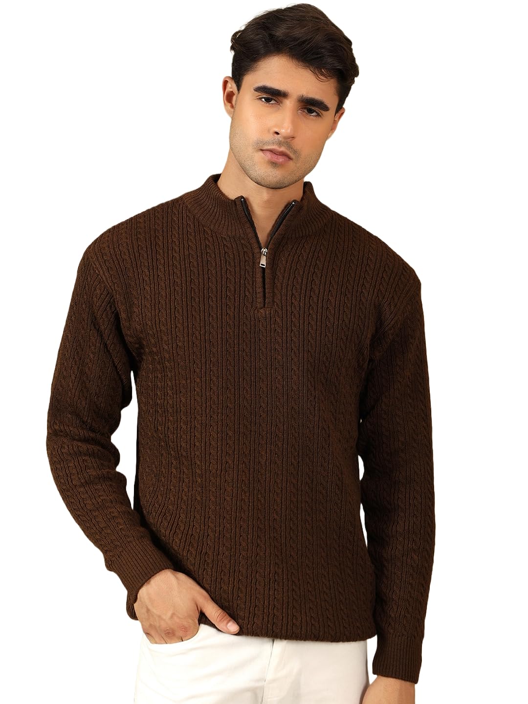 kvetoo Men's Full Sleeve High Neck Zipper Sweater| Warm Cable Knit Quarter Zip Pullover | Wool Winter Sweater for Casual & Office Wear-picture-20