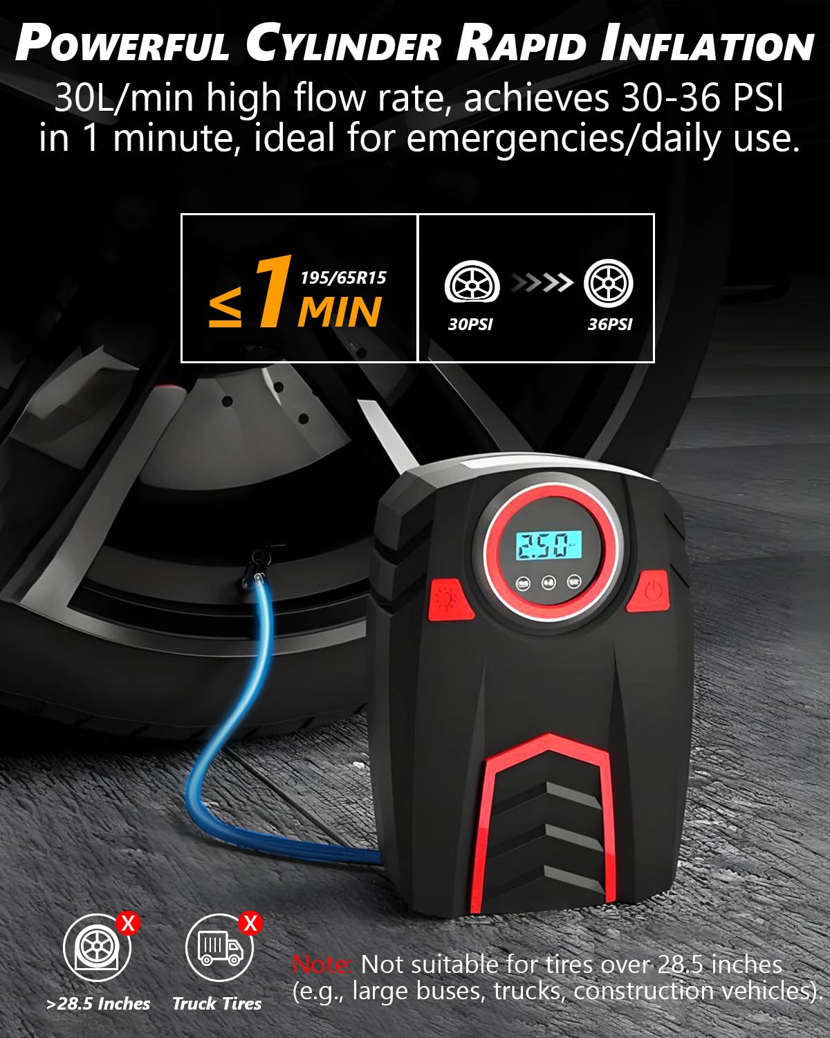 Compressore Aria Portatile 12V 160 PSI 30L/min Gonfiatore Pneumatici con Display Digitale LED 4 Adattatori