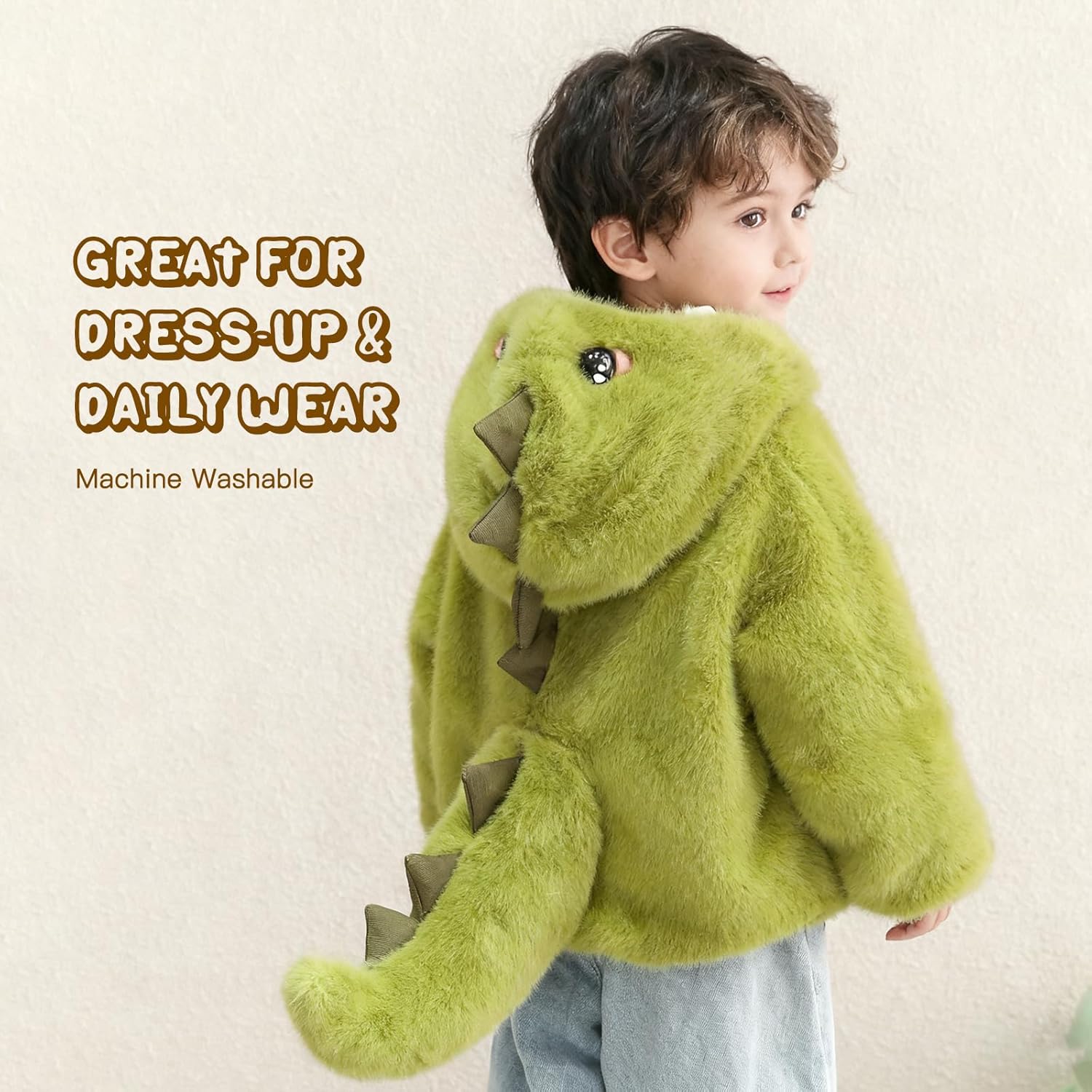 Infant &Toddler Dinosaur Hoodie Jacket – Plush Fleece Winter Coat with 3D Spikes, Zip-Up Costume Outfit for Boys & Girls