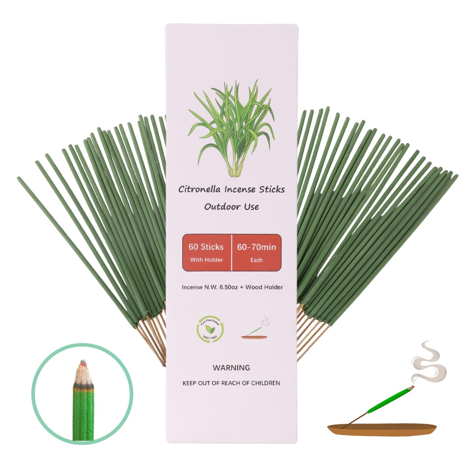 Outdoor Citronella Incense Sticks with Holder,Patio Incense Rods for Outside,Thick Citronella Sticks for Camping,Outdoor Aromatherapy Lemongrass Sticks 60 Pcs 70 Min Burning Each