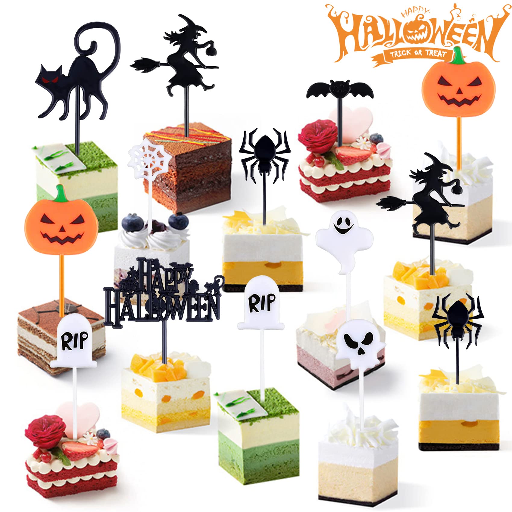 Halloween-Kuchenaufsatz Set – 24 Stück Mit Totenkopf, Krähe, Fledermaus, Kürbis, Spinne, Aus Glitzer-Karton & Holzstäbchen, Für Gruselige Party-Deko