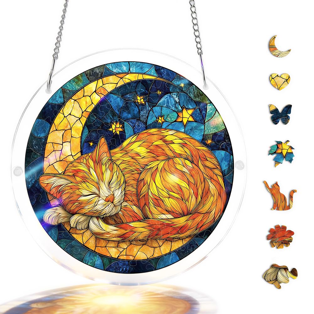 Puzzle Sun Catchers for Windows,Acrylic Jigsaw Suncatchers Kit,Stained Glass Style Window Art,Crafts for Adults,Crystal Suncatcher Hanging Decor,Garden Gift (002, S-7.4IN)