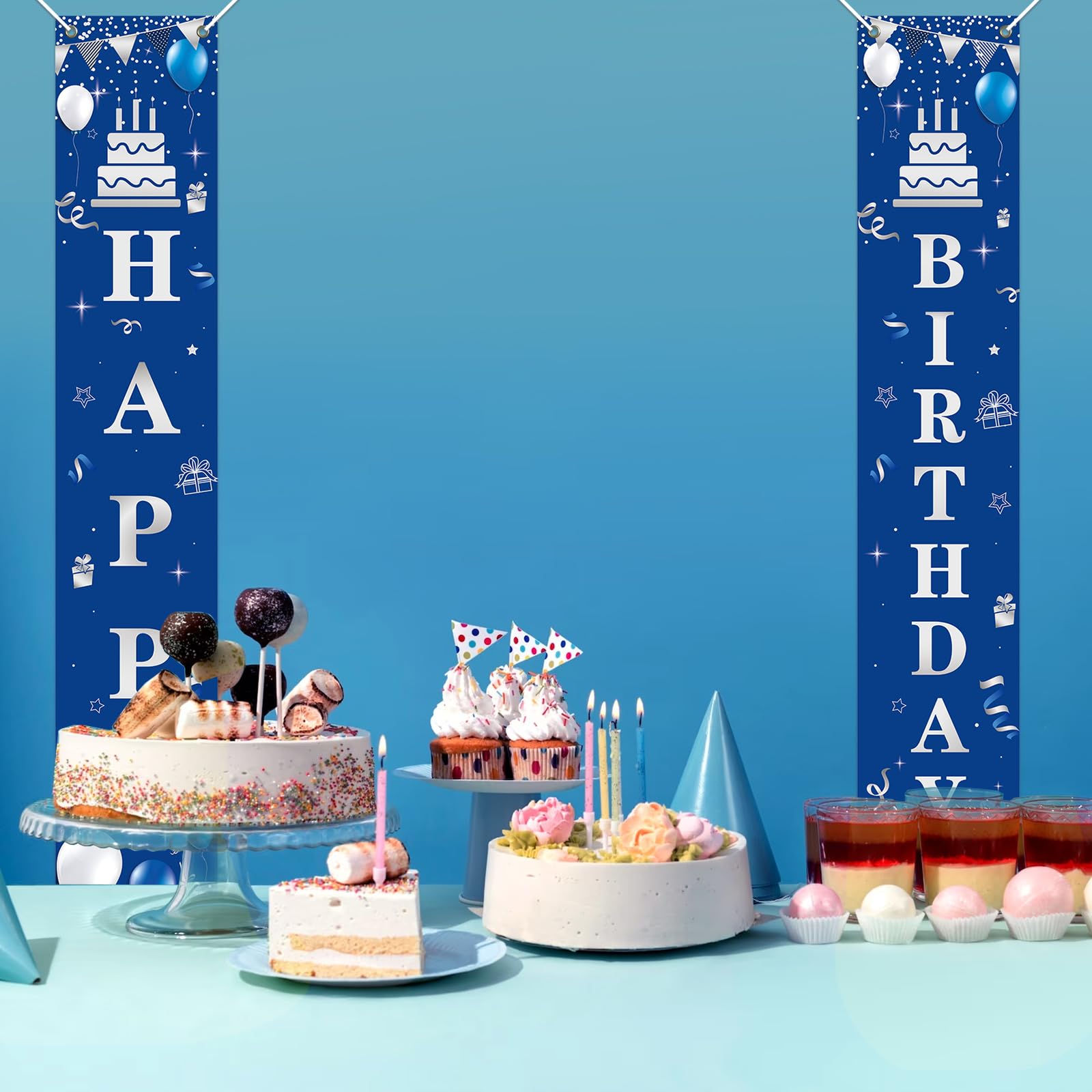 Koliphy Bannière Happy Birthday 150x90cm - Décoration Anniversaire Tissu Bleu Argenté - Intérieur/Extérieur