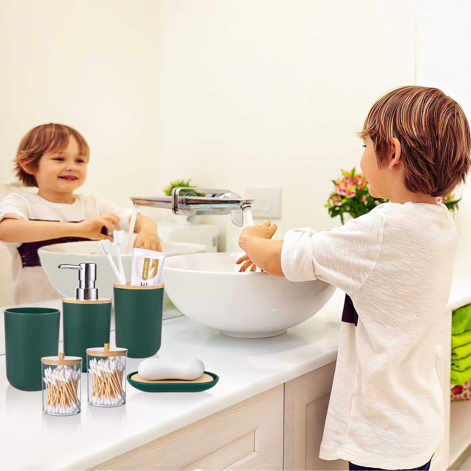 SLDIYWOW Set di 9 accessori da bagno verde scuro con pattumiera, vassoio, dispenser per sapone, portaspazzolino, portaspazzolino, portasapone, scopino per WC e porta Q-tip per bagno/inaugurazione