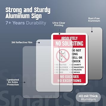SmartSign 10 x 7 'Absolutely No Soliciting Do Not Ring Bell No Excuses No Exceptions' Metal Sign, 40 mil Aluminum 3M Laminated Engineer Grade Reflective Material, Red/Black/White, USA-Made