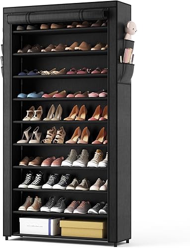 Miniatura 9 de ROJASOP Zapatero con cubiertas, estante apilable de 10 niveles de alto para zapatos, 50-55 pares de zapatos y botas, organizador vertical de gran