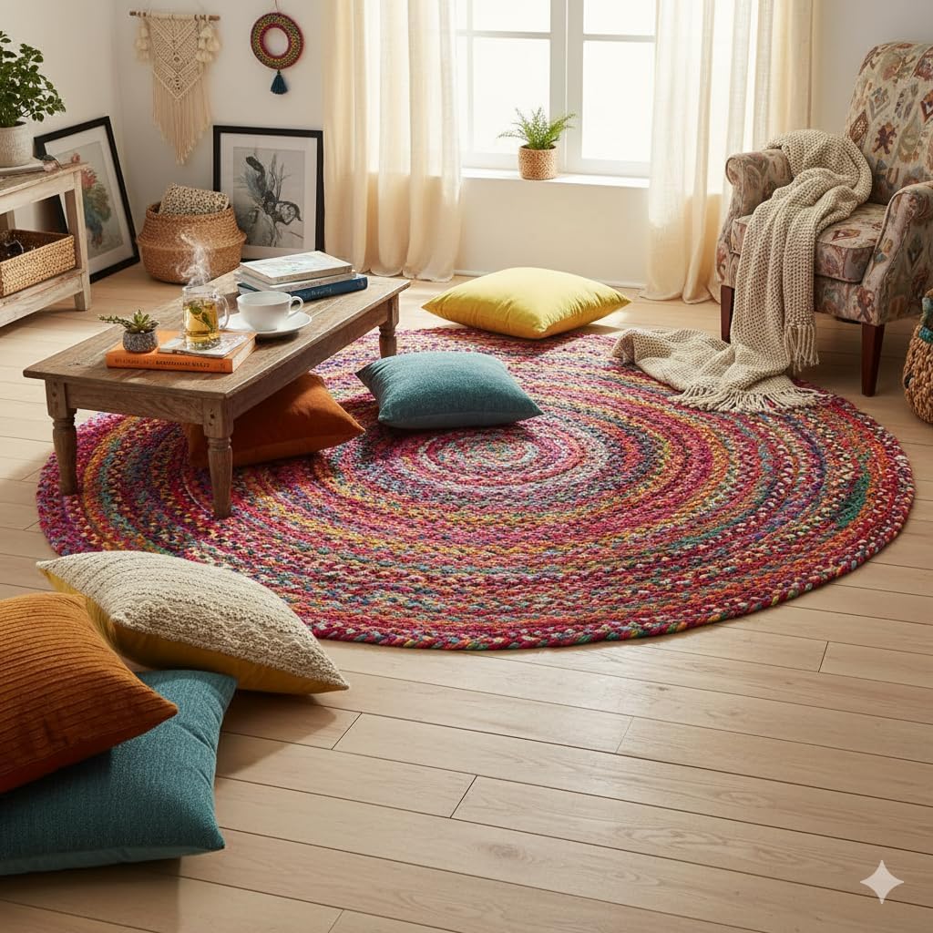 Handwoven Round Cotton Chindi 5' Round Circle Area Rug, Multicolor Braided Design