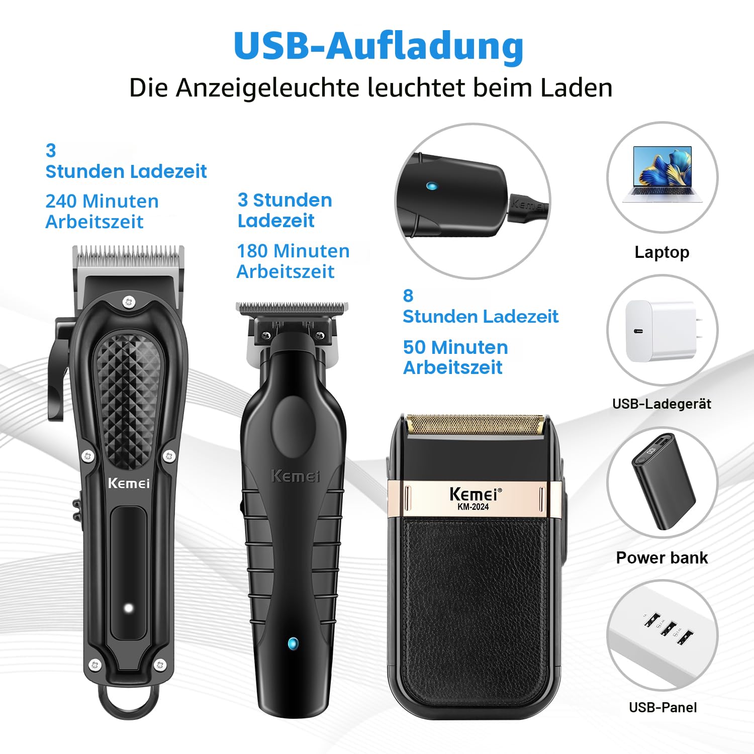 KEMEI Professionelle Haarschneidemaschine für Männer, Schnurloser Kompletter Barber Clipper T-Blade Trimmer Folienrasierer Set, Elektrisches Haarschneider Full Kit mit 9 Führungskämmen