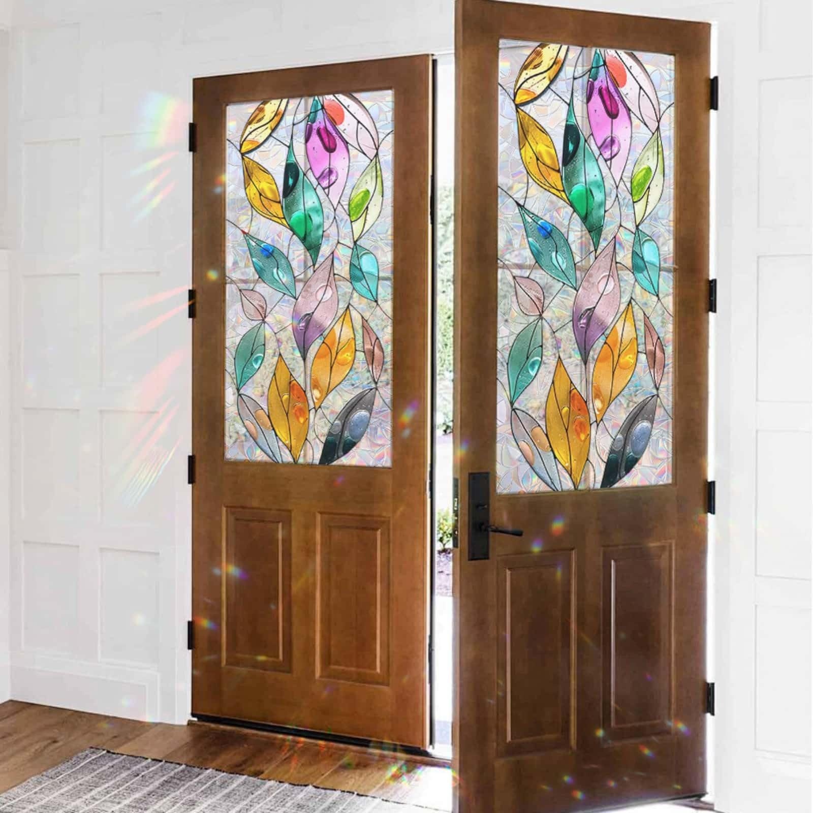 Window Film Privacy 43x100cm Colorful Leaves Privacy Film for Glass Windows Office Kitchen Living Room Bathroom Opaque Reusable Window Stickers for Glass