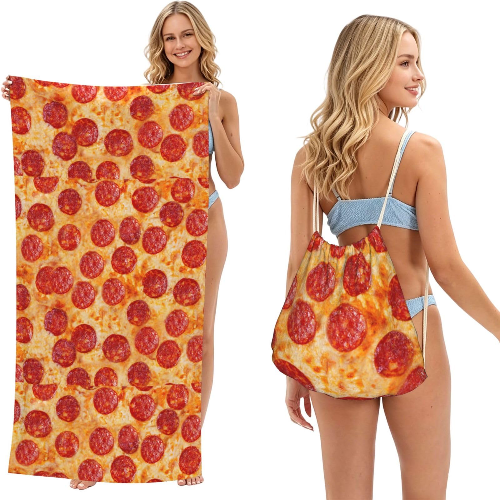 Poadnly As Picture 3D Pizza Pepperoni, 2 In 1 Packable Towel Bag, Beach Towels With Drawstring Backpack For Travel Holiday Camping