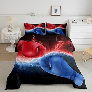 Erosebridal Boxing Comforter Set Full Size for Adult Teens Boys Competitive Game Boxing Pattern Quilted Duvet Red and Blue Cool Lightning Pattern Bedding Comforters Boxing Gloves Print Duvet Insert