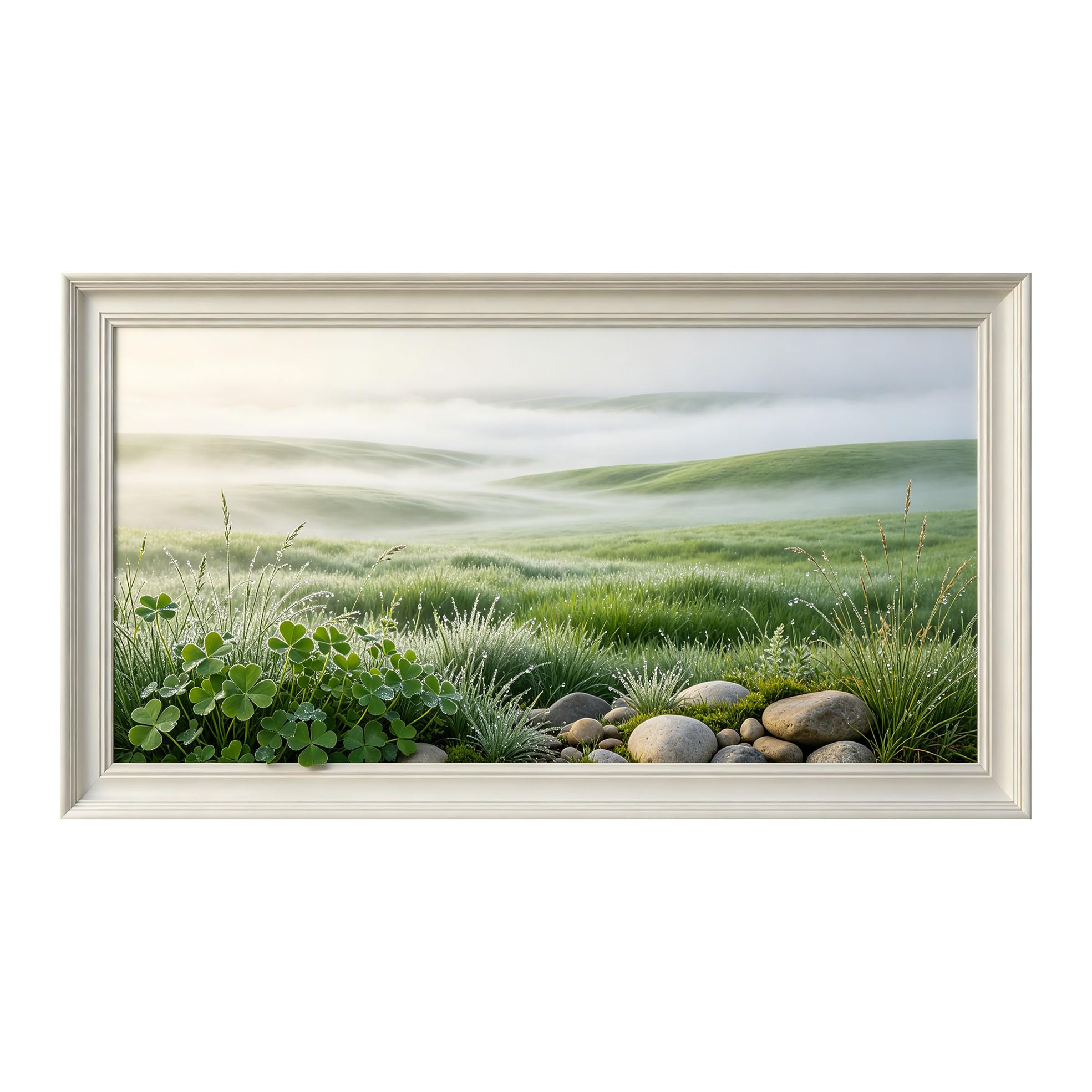 Yzpallescene 3D Framed Wall Art 50cm×100cm Misty Meadow Morning Dew Stone Landscape Watercolor Panoramic Large Size SelfAdhesive Removable Wall Decor Prints Artwork for Living Room Bedroom Office