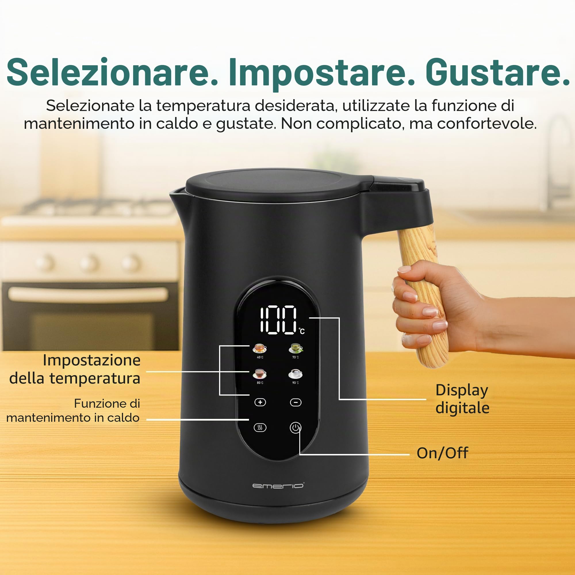EMERIO Bollitore in acciaio inox, 1,7 l, doppia parete isolata, scelta della temperatura 40 – 100 °C in incrementi di 5 °C, display con varietà di tè preprogrammate, senza BPA, 2200 W, spegnimento