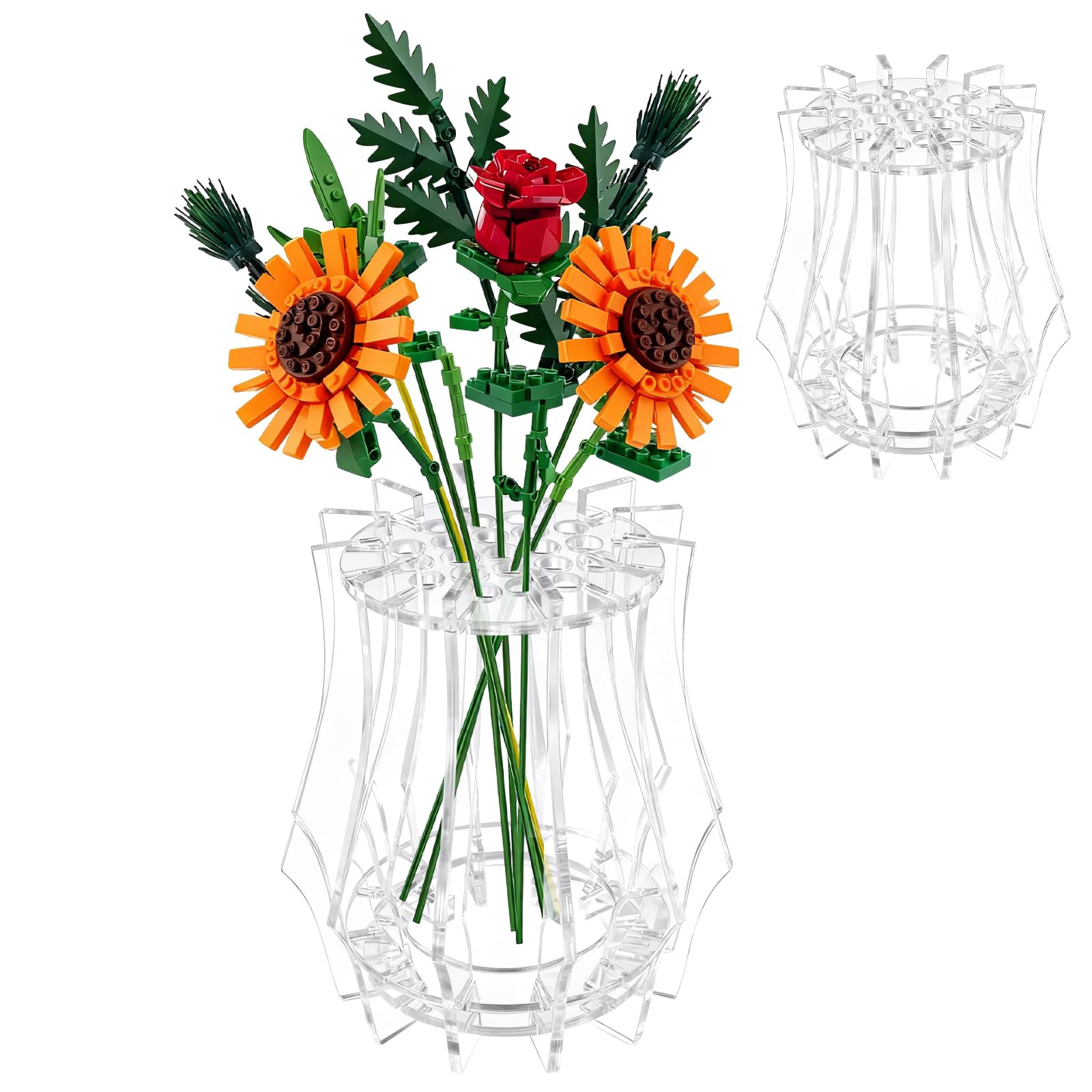 Vase for Lego Flowers - Display Clear Vase for Lego Flower Bouquet Display Stand Puzzle Vases Transparent Vases for Botanical Roses Cherry Blossoms, Sunflowers, Tulips, Remove protective film