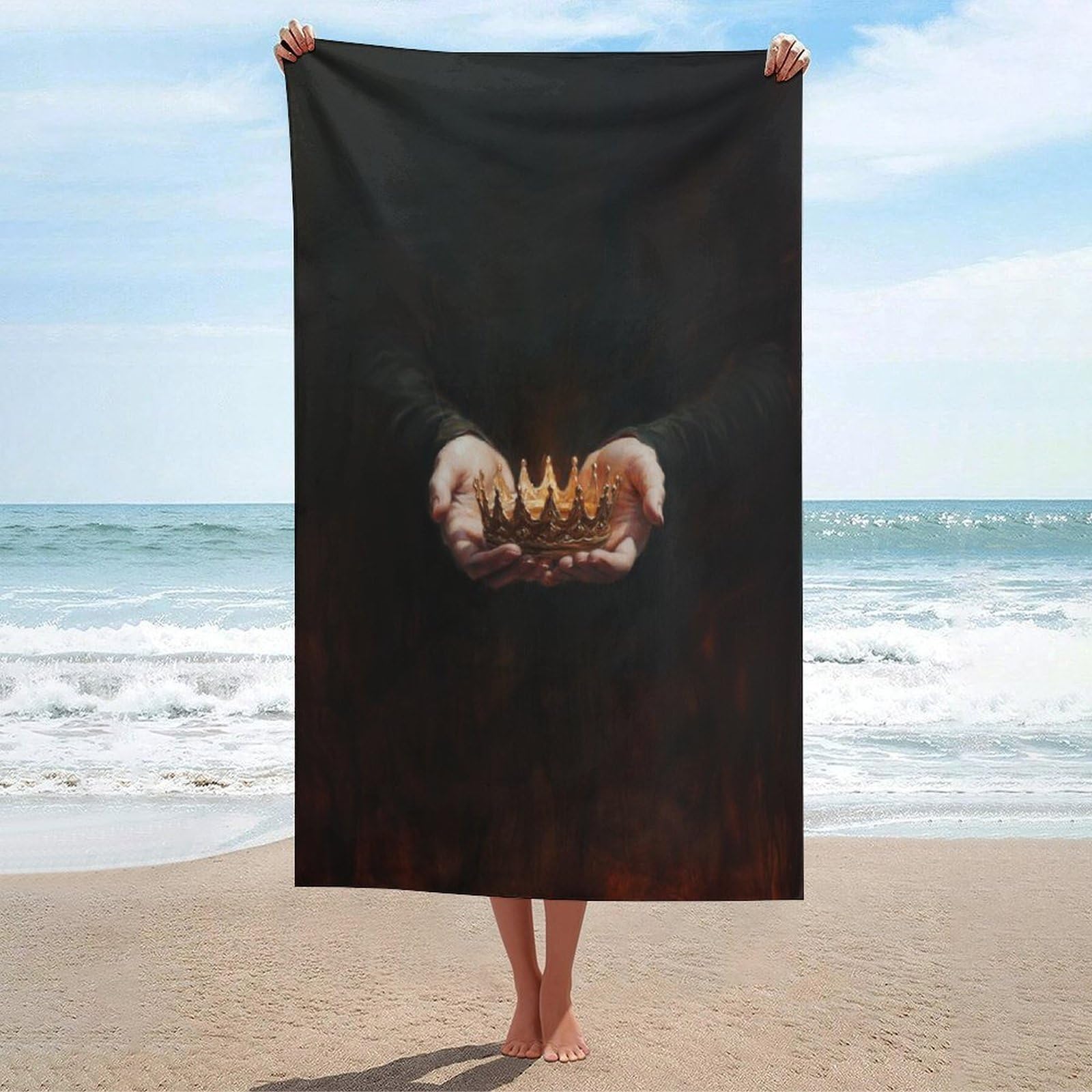 LSRCPD Hands Holding A Crown with Golden Dark Beach Towel Sand Free Microfiber Large Shower Towels Multipurpose Absorbent for Bathroom Pool 130x80 CM