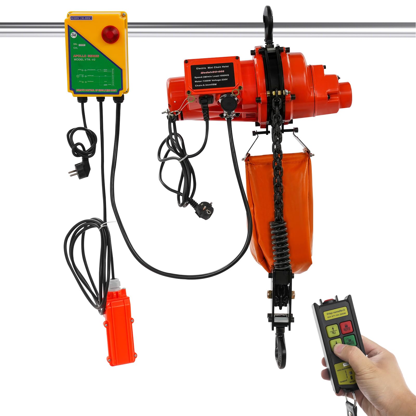 Elektryczny wciągarka łańcuchowa 2 w 1, wyciągarka elektryczna 1000 kg, 1300 W, 220 V, elektryczna wciągarka podnosząca z pilotem zdalnego sterowania, wysokość podnoszenia 6 m, IP40, 3 m/min