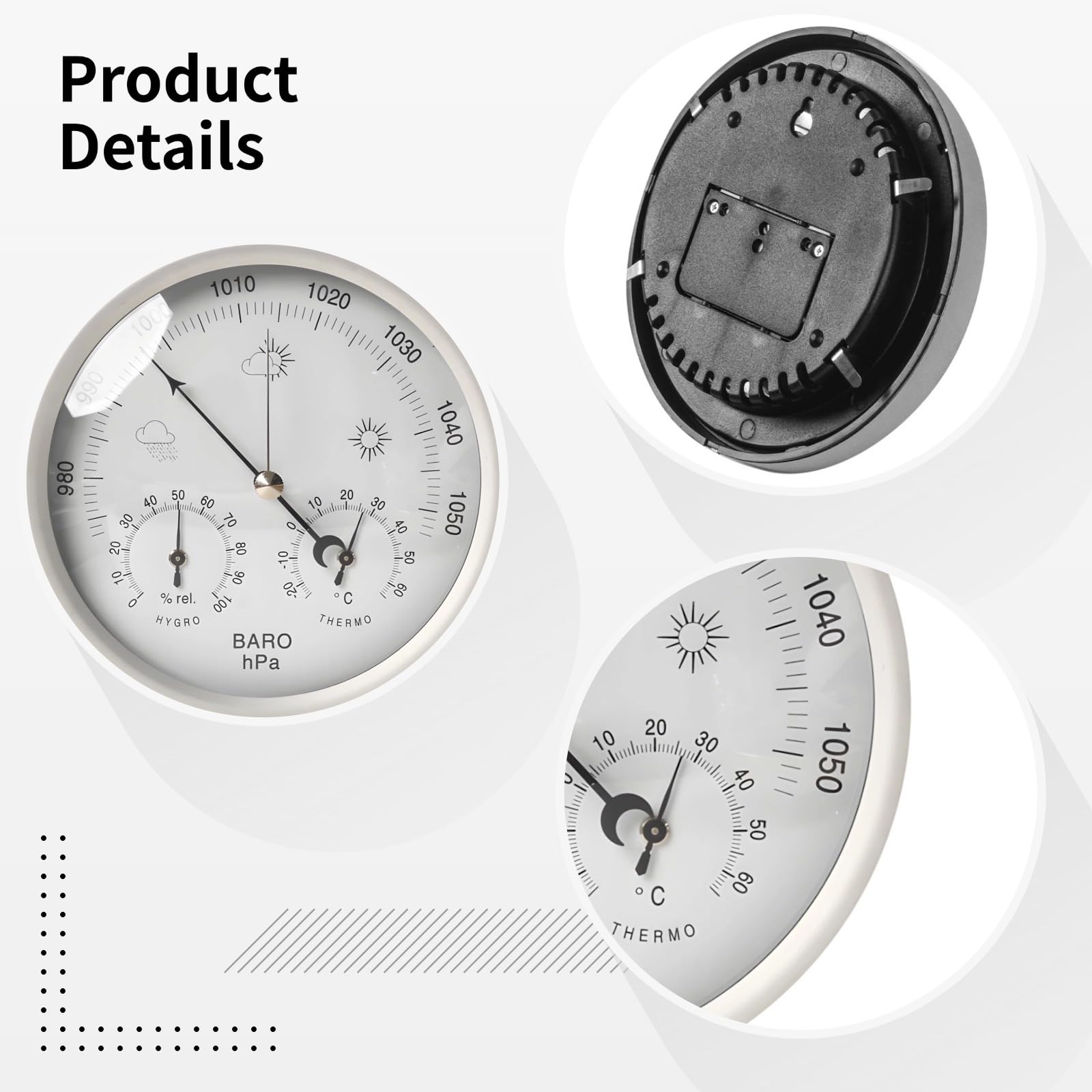3-in-1 Hygrometer für innen und außen, präziser Feuchte- und Temperaturmesser für Haus und Garten, analoges Barometer mit Glasabdeckung, aus Aluminium und Kunststoff, 5,2 Zoll Durchmesser