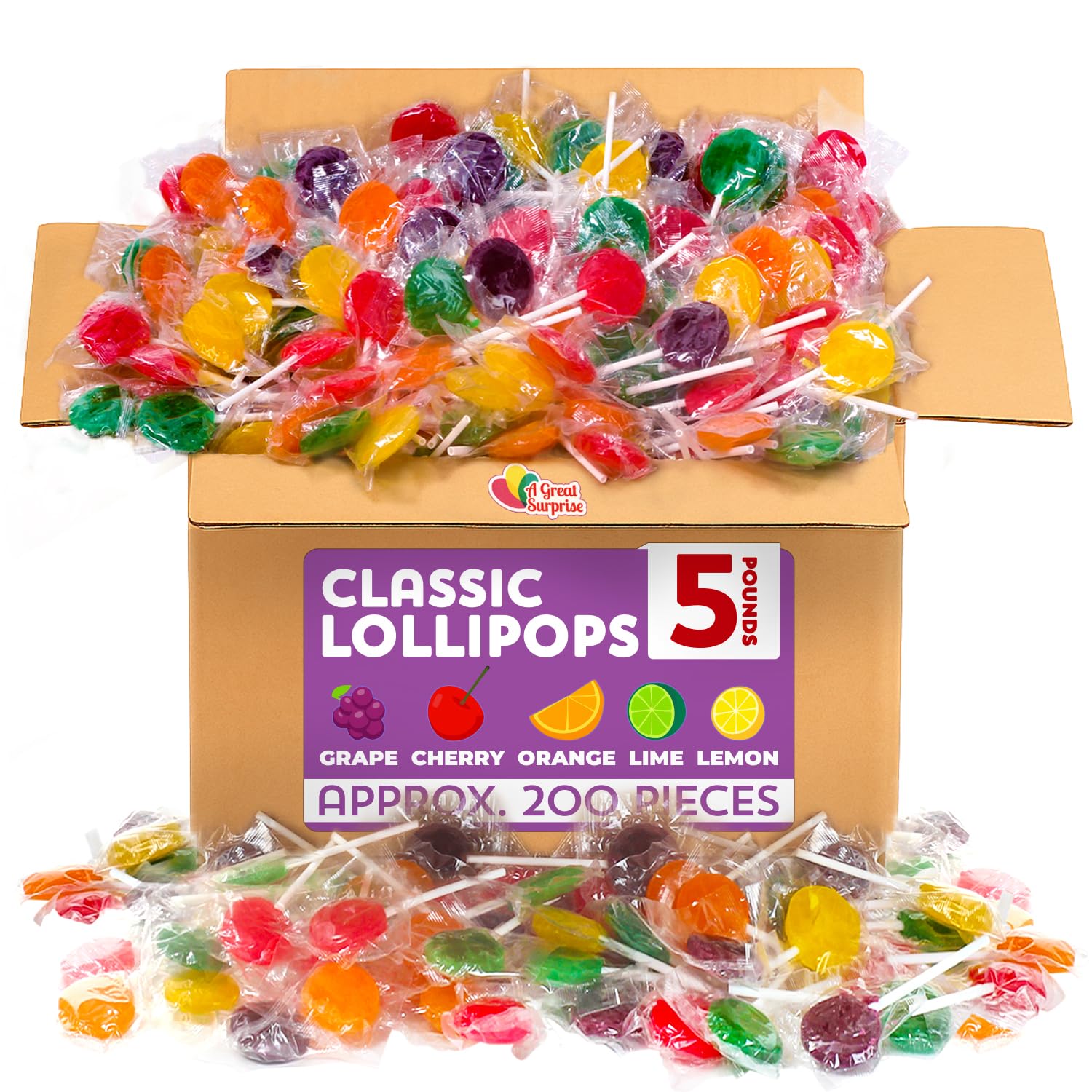 A Great Surprise Classic Lollipops Bulk - 5 Pounds - Christmas Lollipops Individually Wrapped - Stocking Stuffers Fruit Flavored Suckers for Kids - Church, School, Birthday (Fruit)