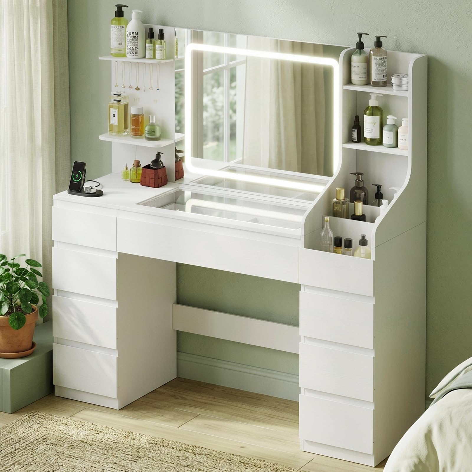TRIUMPHKEY Schminktisch mit Spiegel und Beleuchtung, 135 cm Schminktisch Groß mit Steckdose, USB, Schubladen & Glasplatte – Weißer Vanity Tisch als Frisiertisch/Dressing Table für Schlafzimmer
