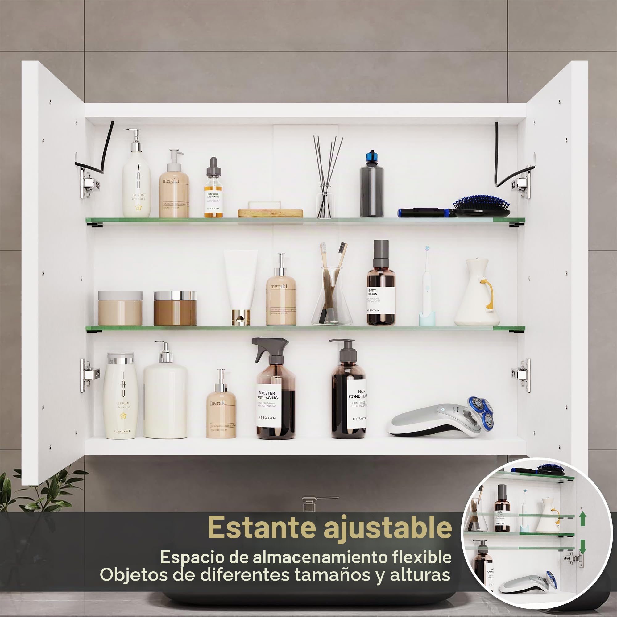 Armario con Espejo Baño con Luz LED, Armario de Baño con Estantes Ajustables, Espejo Inteligente baño con Interruptor de Sensor Táctil, Temperatura de Color Ajustable (60 x 80 x 14 cm)
