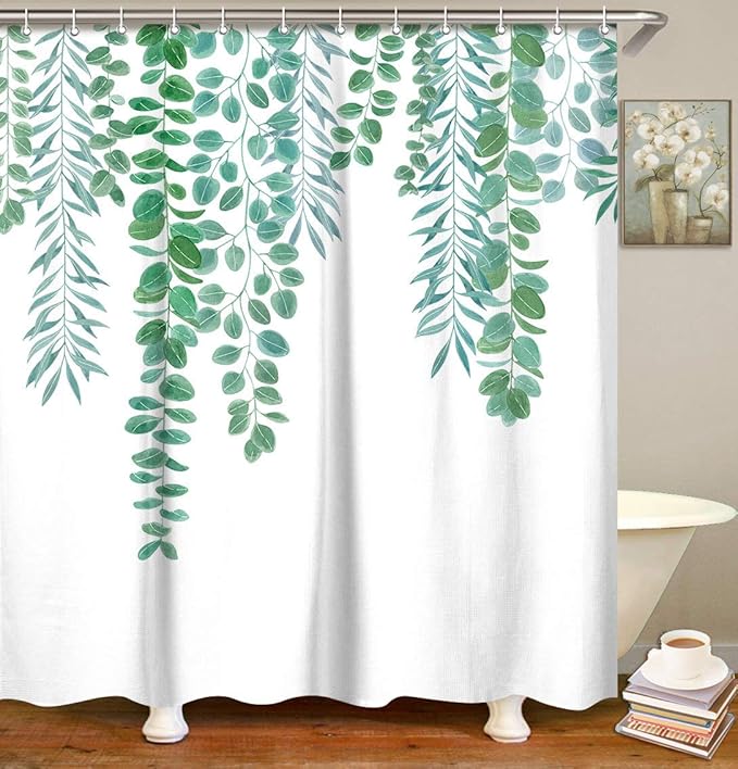 LIVILAN Leaf Shower Curtain, Plant Shower Curtain, Green