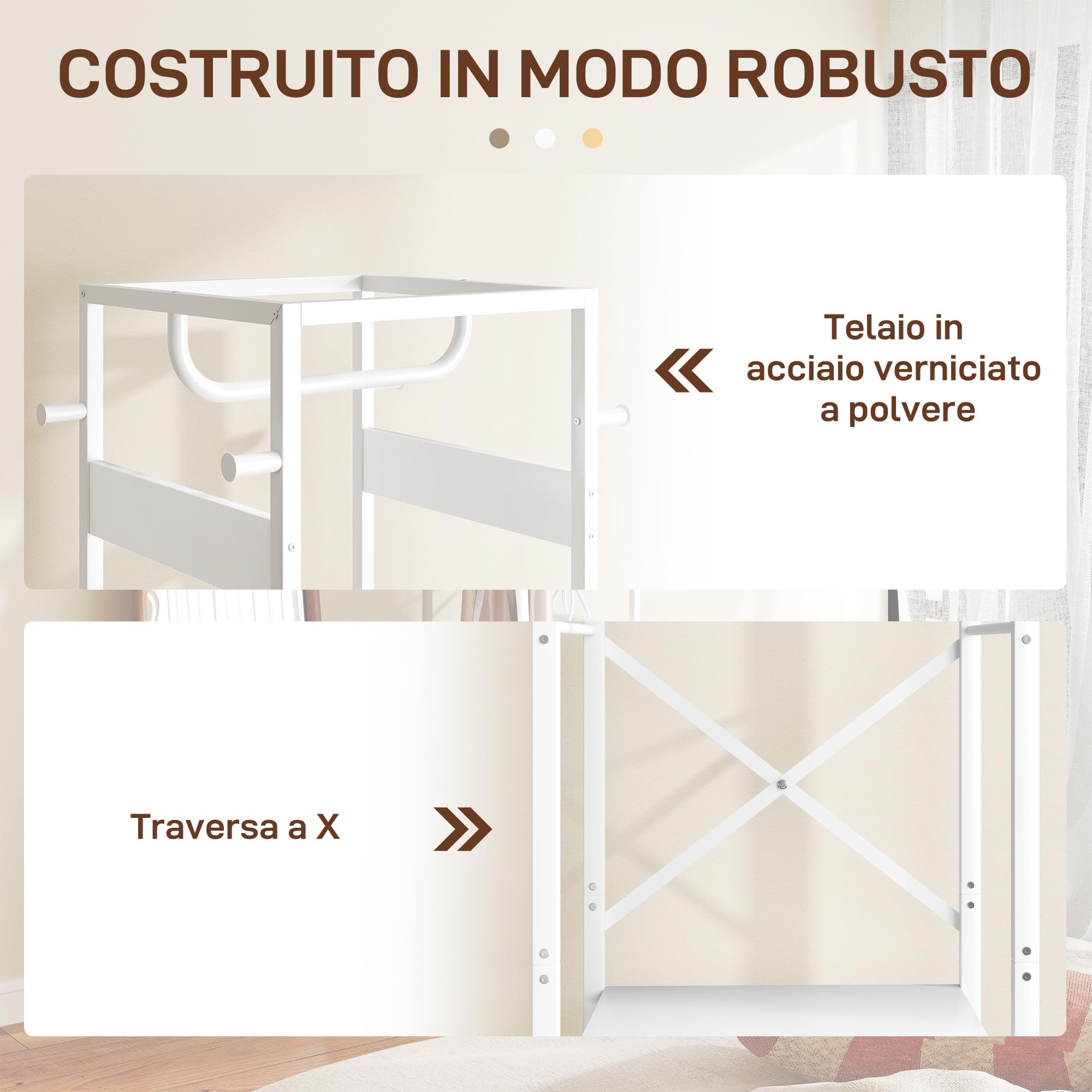 HOMCOM Appendiabiti da Terra con 3 Ripiani Aperti e Asta, Mobile Appendiabiti in Acciaio e MDF per Camera da Letto e Ingresso, 38.5x30x170 cm, Bianco
