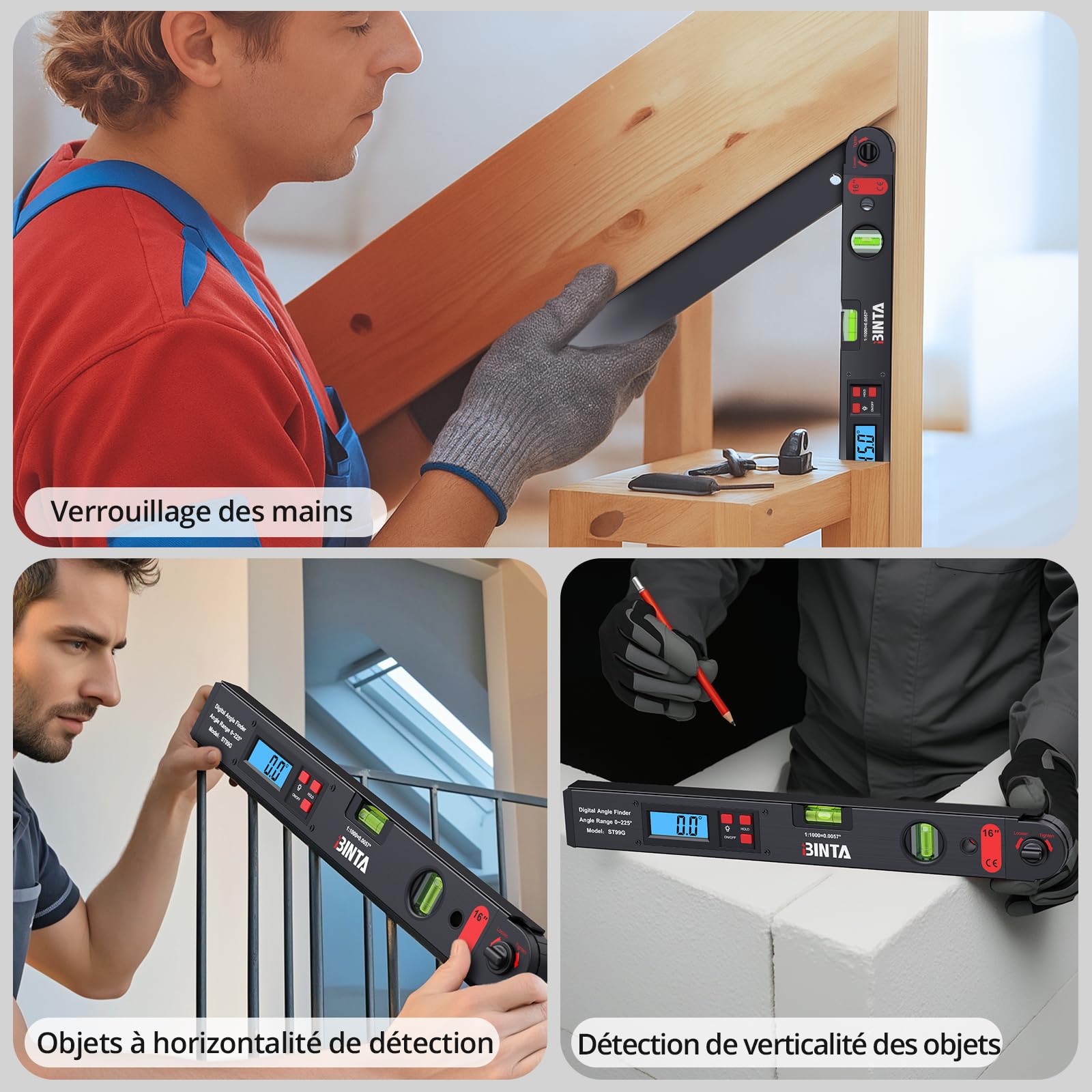 BINTA Détecteur d'Angle Numérique 0-225° avec Écran LCD Rétroéclairé, Outil en Aluminium avec Niveau à Bulles Horizontal/Vertical, Sac de Rangement, pour Menuiserie, Machines, Construction DIY Noir