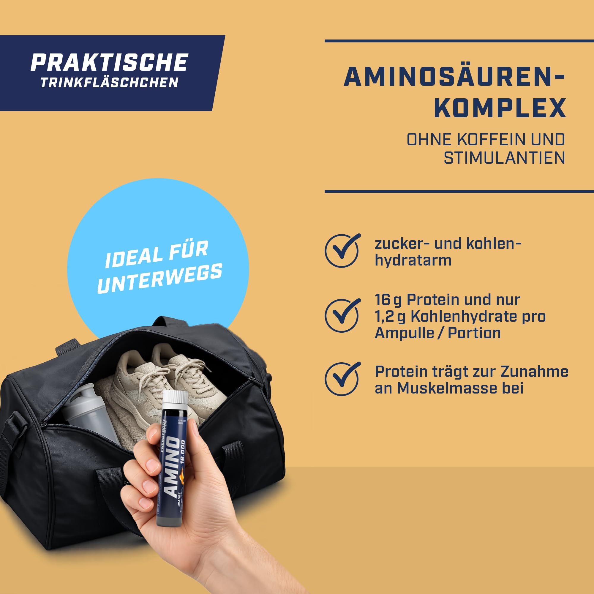 Energybody® Amino Liquid 16.000 - Aminosäuren Komplex Hochdosiert flüssig - 20 Ampullen à 30 ml & 16g Protein mit Arginin & Ornithin, glutenfrei, laktosefrei - Orange