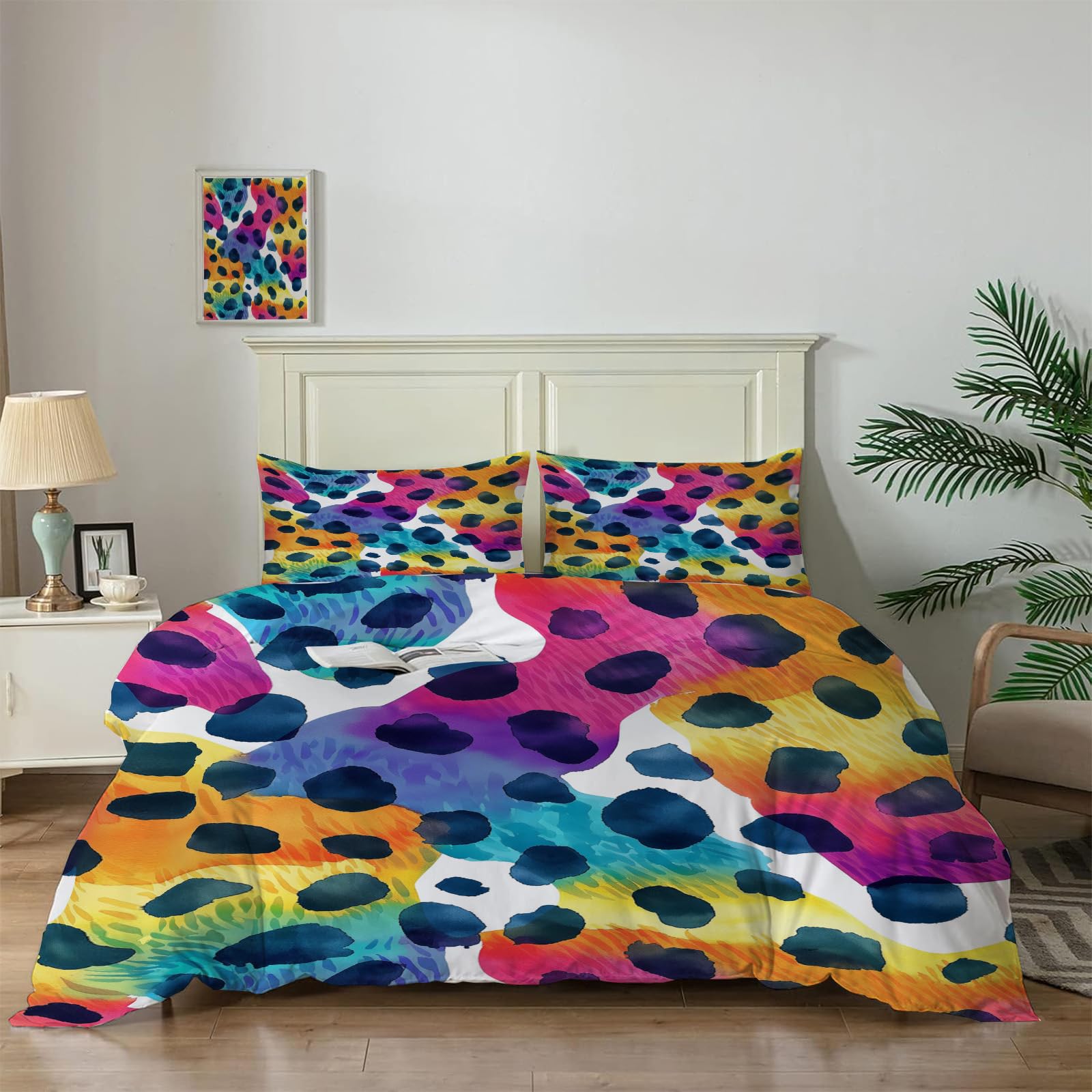 Housse de couette 200x200 léopard arc-en-ciel anti-plis avec fermeture éclair pratique