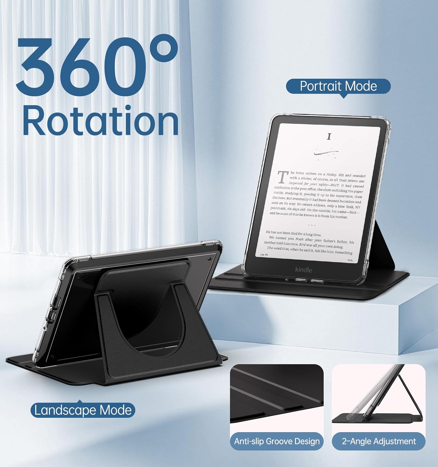 MoKo 360° Rotating Case for 7" eBook Reader 12th Generation 2024, Clear Back Detachable Magnetic Protective Adjustable Stand Cover with Auto Wake/Sleep, Not for TCL Remarkable Kobo, Silk Black
