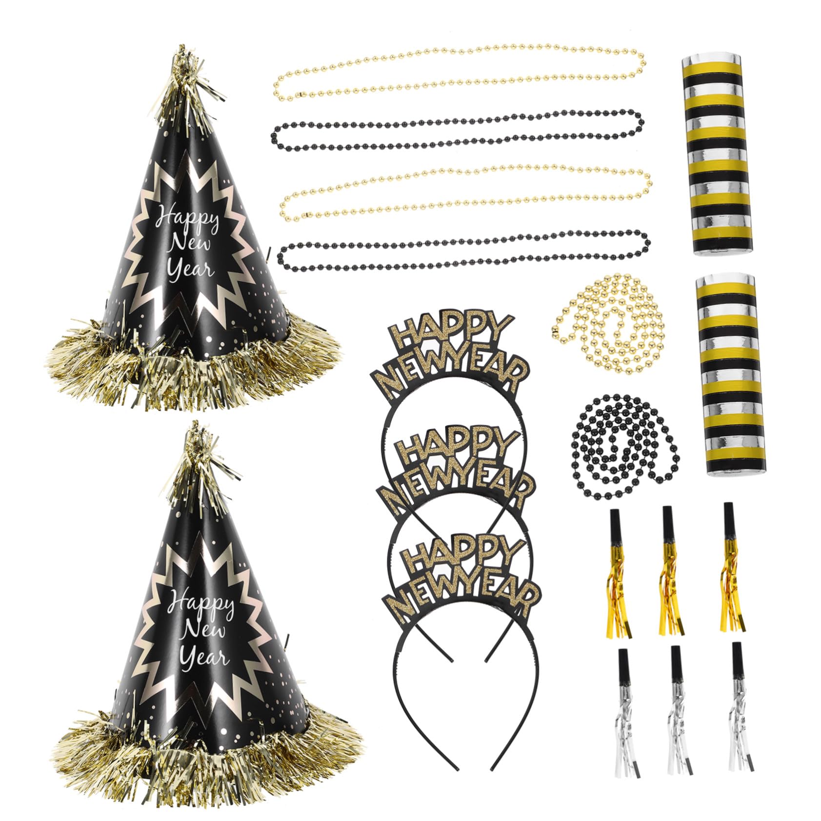 Decorazioni Festa Capodanno Nero Oro con Collana Perline Cappelli di Carta Cerchietti e Fischietti Kit Completo per Party di Capodanno Accessori Festivi Vivaci e Versatili
