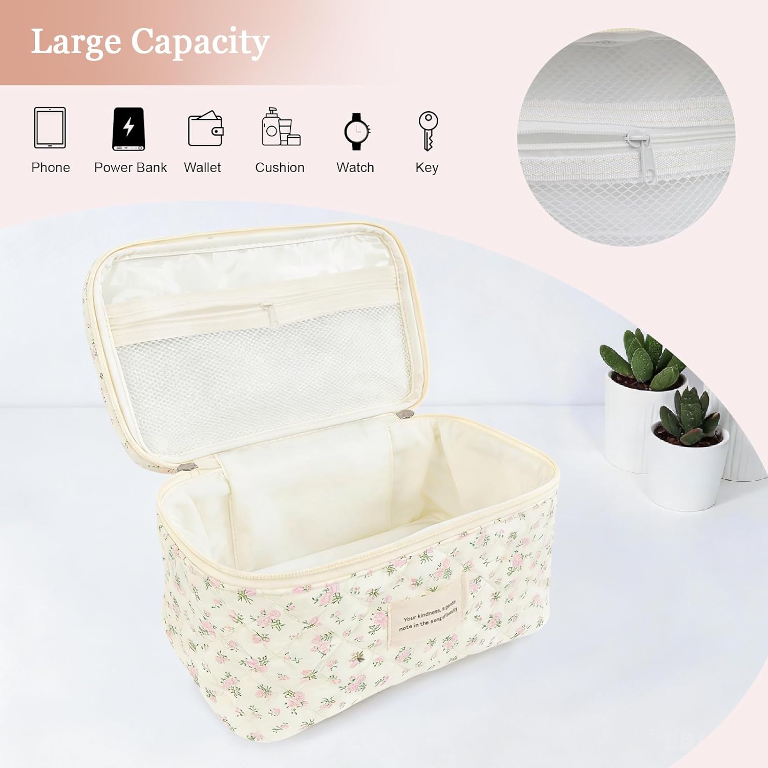 NATINSA Cute Makeup Bag for Women(2 Pcs), Travel Cosmetic Bags, Quilted Coquette Aesthetic Floral Toiletry Organizer Bag (46 - PinkMuDan)
