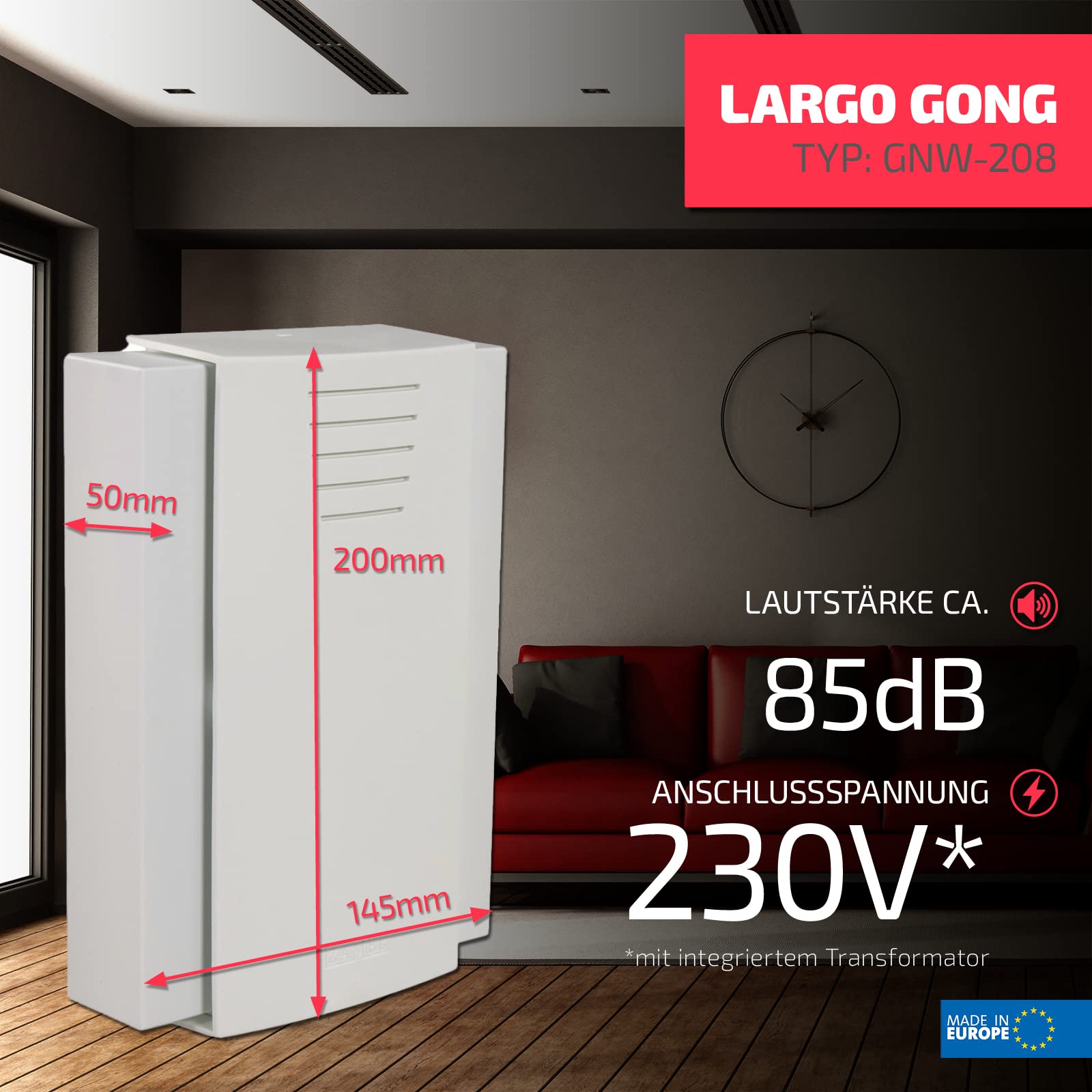 SUNDI Türgong Gong Mit Eingebautem Transformator Türglocke Türklingel 230V Kunststoff Metall Weiß Largo, Weib