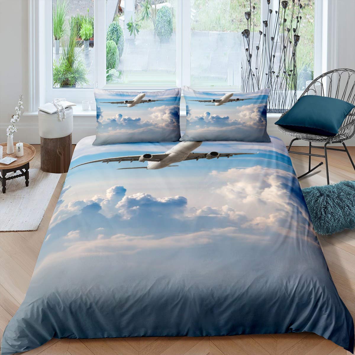 Copripiumino Letto Singolo Con Aerei Per Bambini - Set Biancheria In Microfibra Blu E Bianco - 2