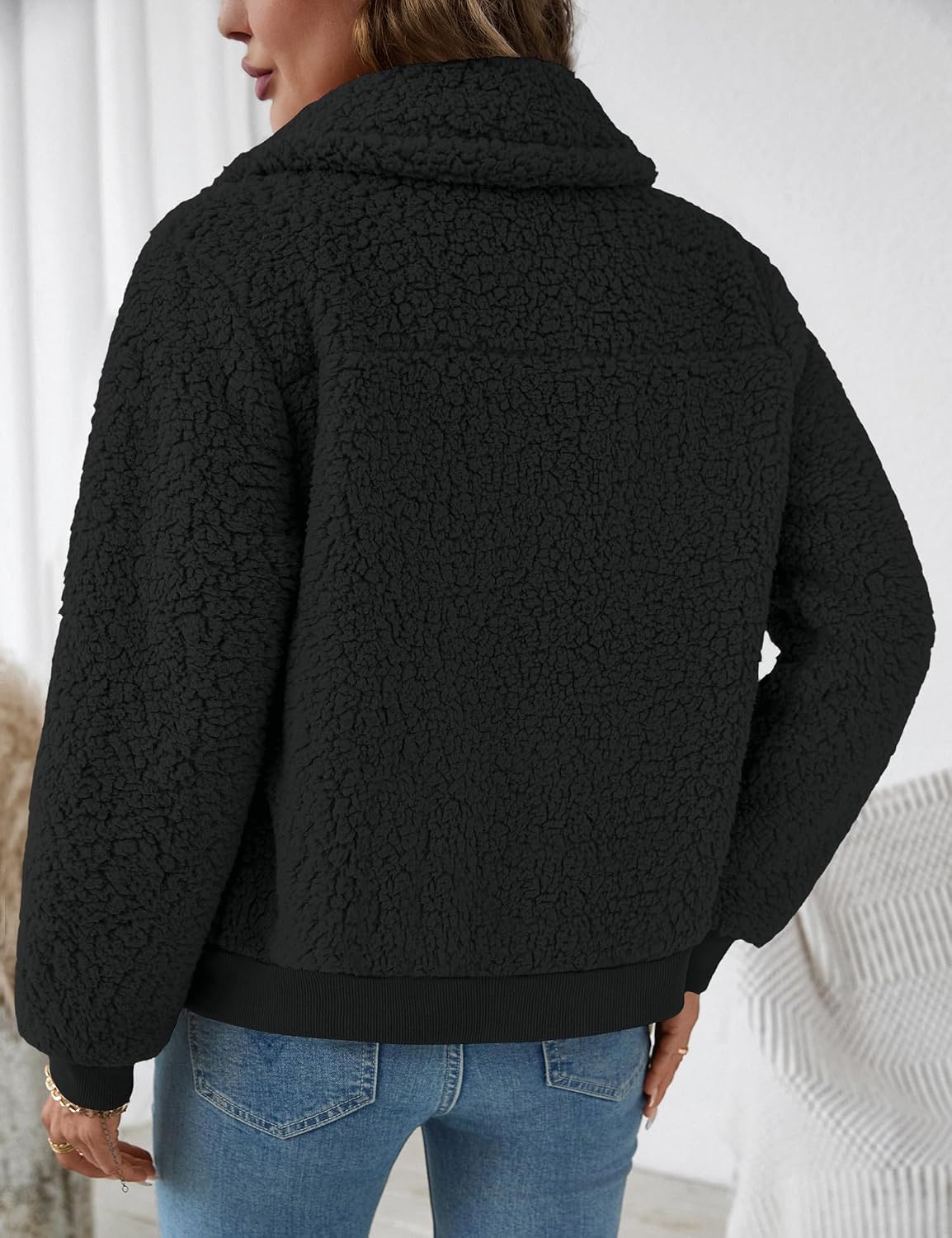 LOMON Women's Sherpa Fleece Jacket Casual Lapel Fuzzy Faux Shearling Zipper Coats Loose Fit Warm Winter Outwear