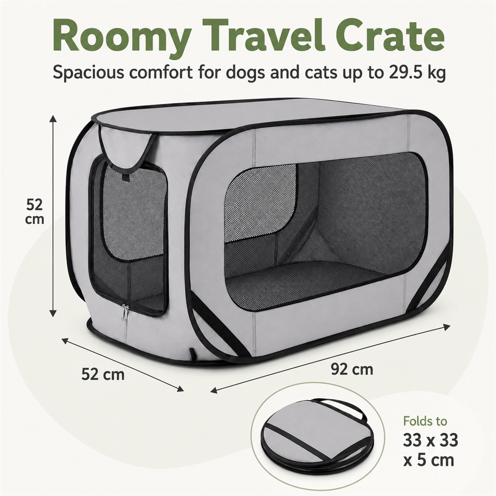 GOOGO Faltbare Hundebox Faltbar, 92×52×52 cm, Oxford Stoff Weiche Hundetransportbox Auto mit Atmungsaktivem Netz und Tragbarem Design, für Zuhause, Camping und Reise, bis 29 kg (Grau)