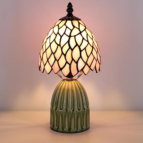 Miniatura 4 de Tiffany Lamp Stained Glass Mushroom Table Lamps 6X6X12.5 Inch Pink Leaf Style Small Night Light Ceramic Base Mini Accent Desk Light Suitable for