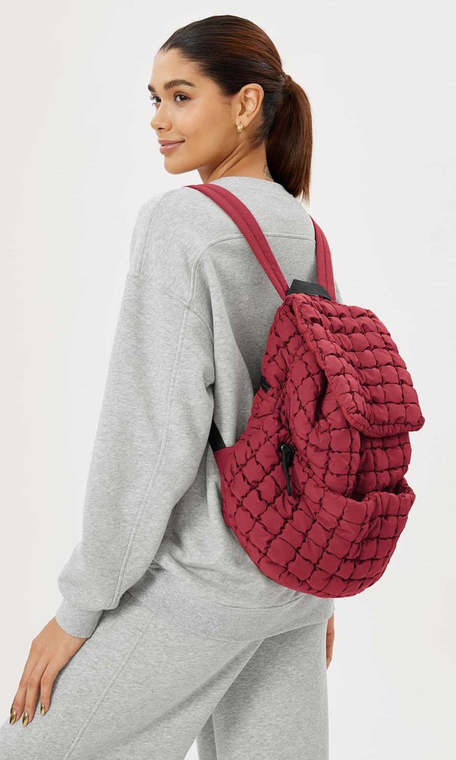 ODODOS Quilted Backpack 2.0 for Women Lightweight Puffer Hiker Pack Drawstring Padding Travel Gym Bag, True Red - Image 2