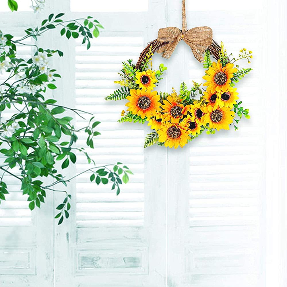 Kränze, 30cm Künstlich Sonnenblume Kranz, Handgefertigt Kunstblumen Kranz, Gelber Blumenkranz, für Haustür, Zaun, Fenster, Hochzeit, Tisch- Und Heimdekoration