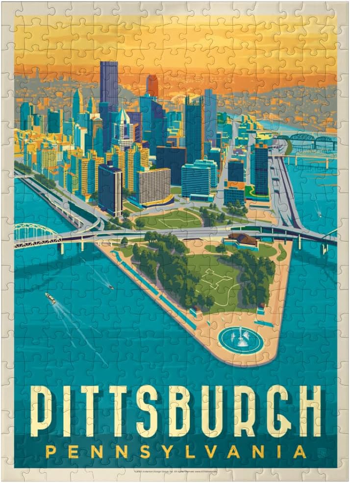 MyPuzzle Pittsburgh, PA: Bird's Eye View, Vintage Poster - Premium 100 Piece Jigsaw Puzzle for Adults