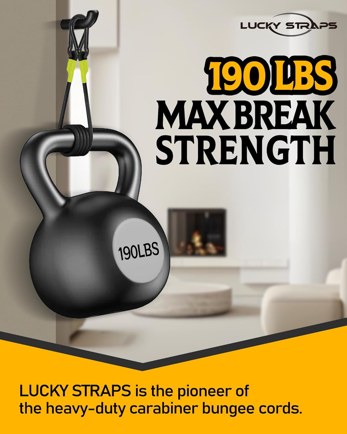 8 Pcs 24 Inch Heavy Duty Carabiner Bungee Cord Outdoor with 190 Lbs Max Break Strength, Black/Yellow Bungee Straps with Upgraded Carabiner Hooks for Luggage Rack, Cargo, Hand Carts, Bike, Camping, etc - Image 2