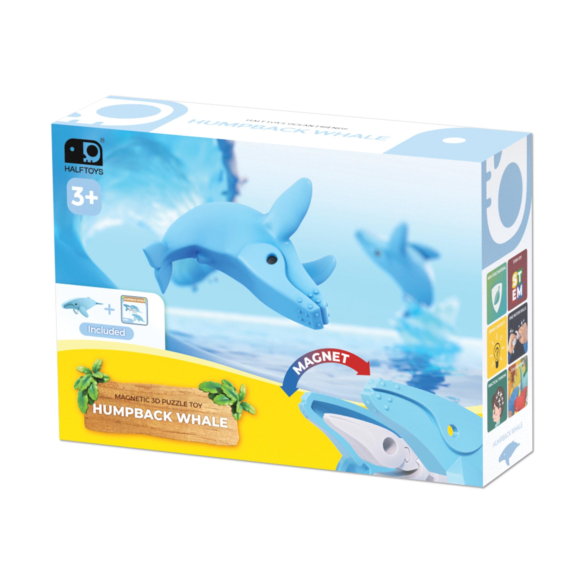 Halftoys Single Animal - Humpback Whale | Magnetic 3D Puzzle Toy | Multi-Sensory Learning | Safe, Durable & Washable | Perfect for Little Hands