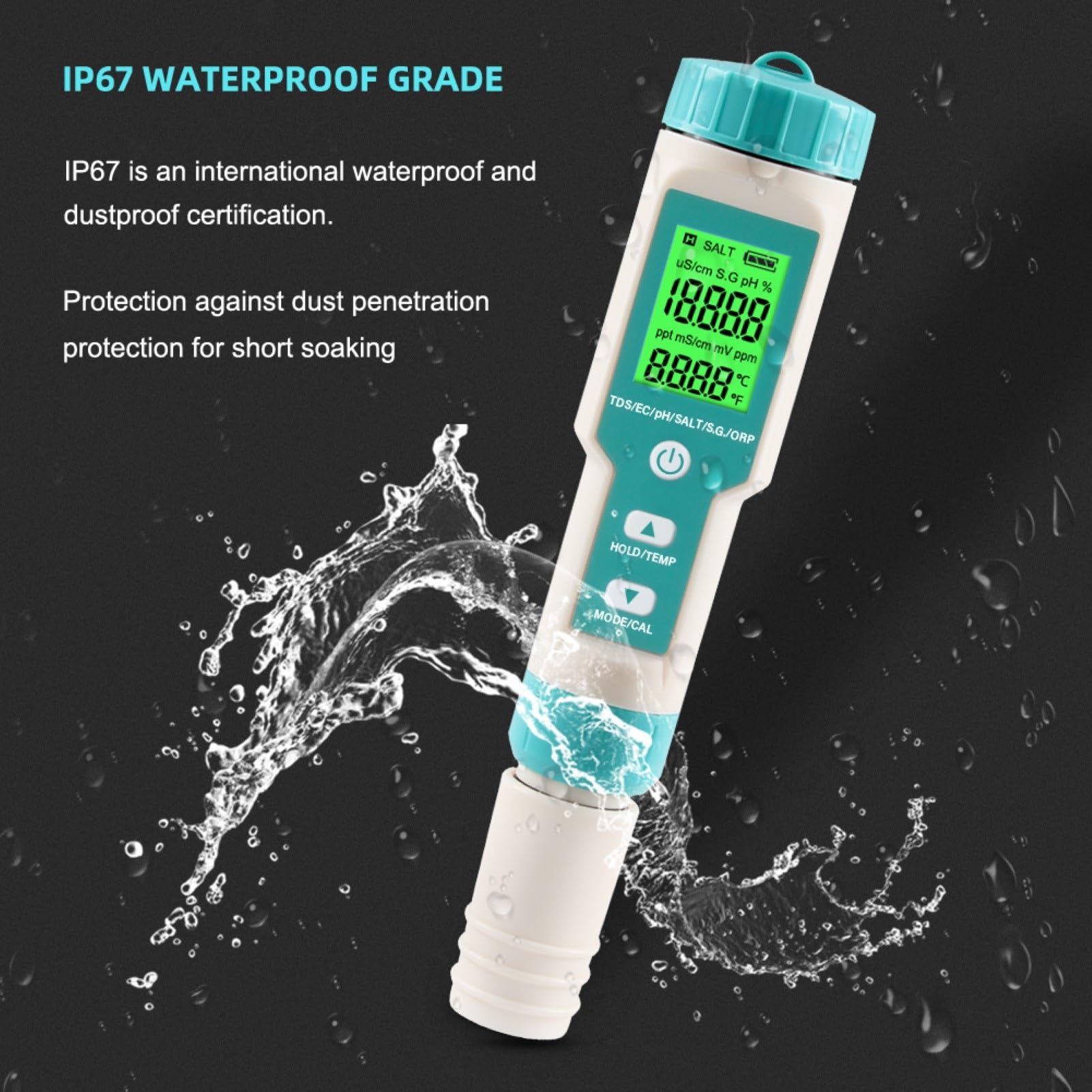 Testeur de qualité de l'eau Multifonction | Mesure Le pH, la conductivité, Le TDS, la salinité, Le potentiel redox, la SG et la température | Grand écran LCD
